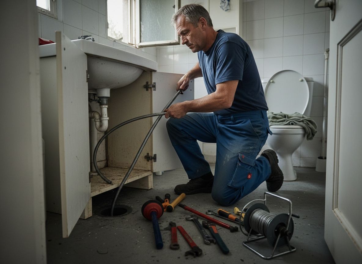 Monteur van Koperwerk ontstopt met een veer de afvoer onder een wastafel