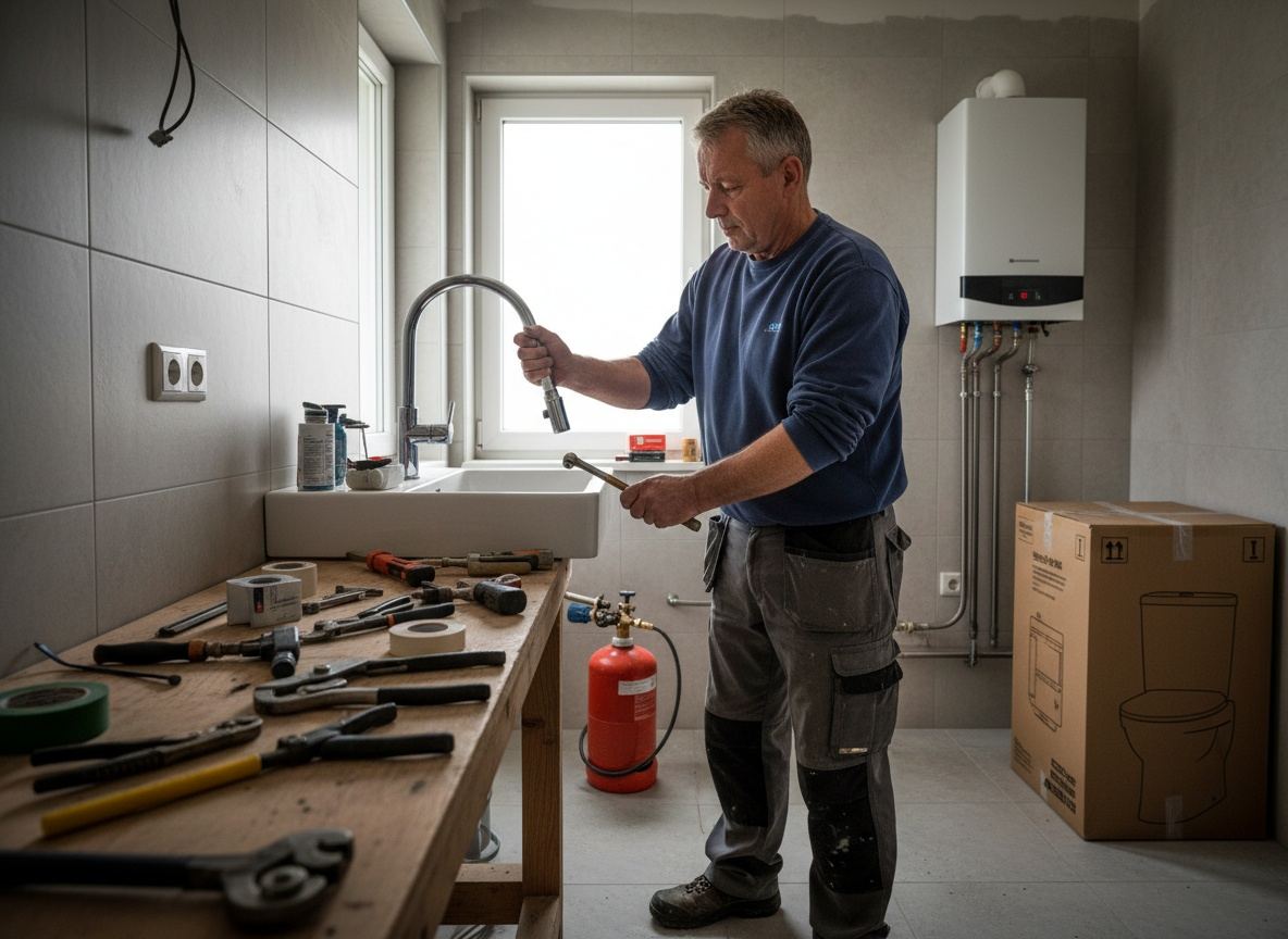Monteur van Koperwerk installeert een nieuwe keukenkraan, de combiketel aan de wand erachter