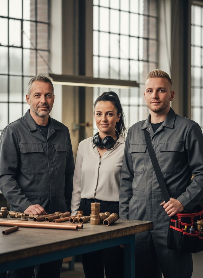 Stijn, Eva en Lars van Koperwerk in de werkplaats in Eindhoven